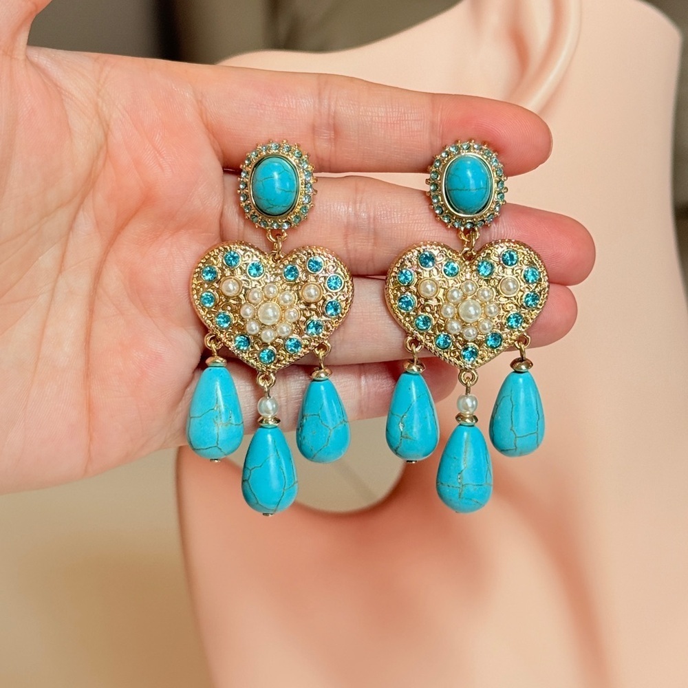 ⚜️ Turquoise Heart Drop Earrings - Gold Tone Women Jewelry - Picture 10 of 10